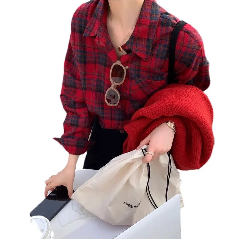 Athvotar Athvotar Red Plaid Shirt Coat Woman 2025 Spring And Autumn Lazy Wind Loose Shirt Casual Design Sense