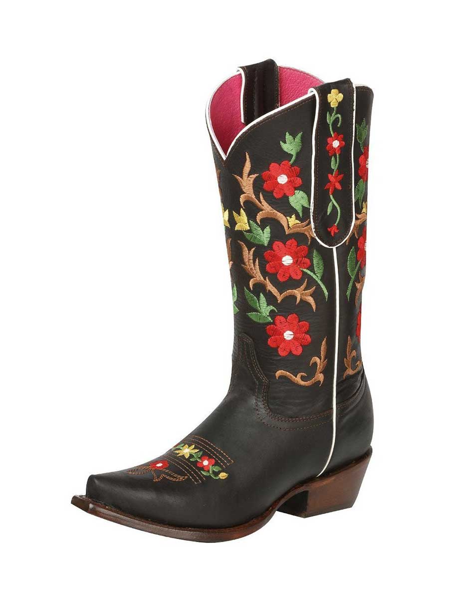Black Snip Toe Chunky Heel Cowgirl Boots with Floral Embroidery