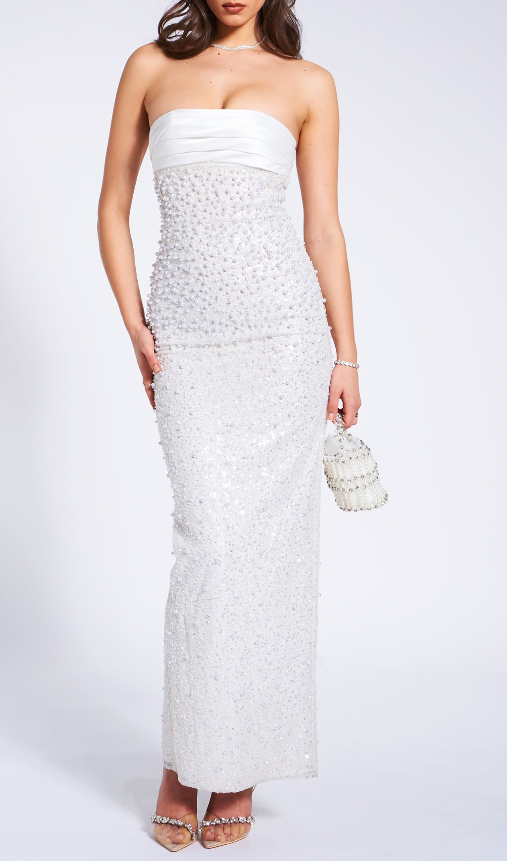 Flowering Girl Women Alazne White Sequin Pearl Maxi Dress 