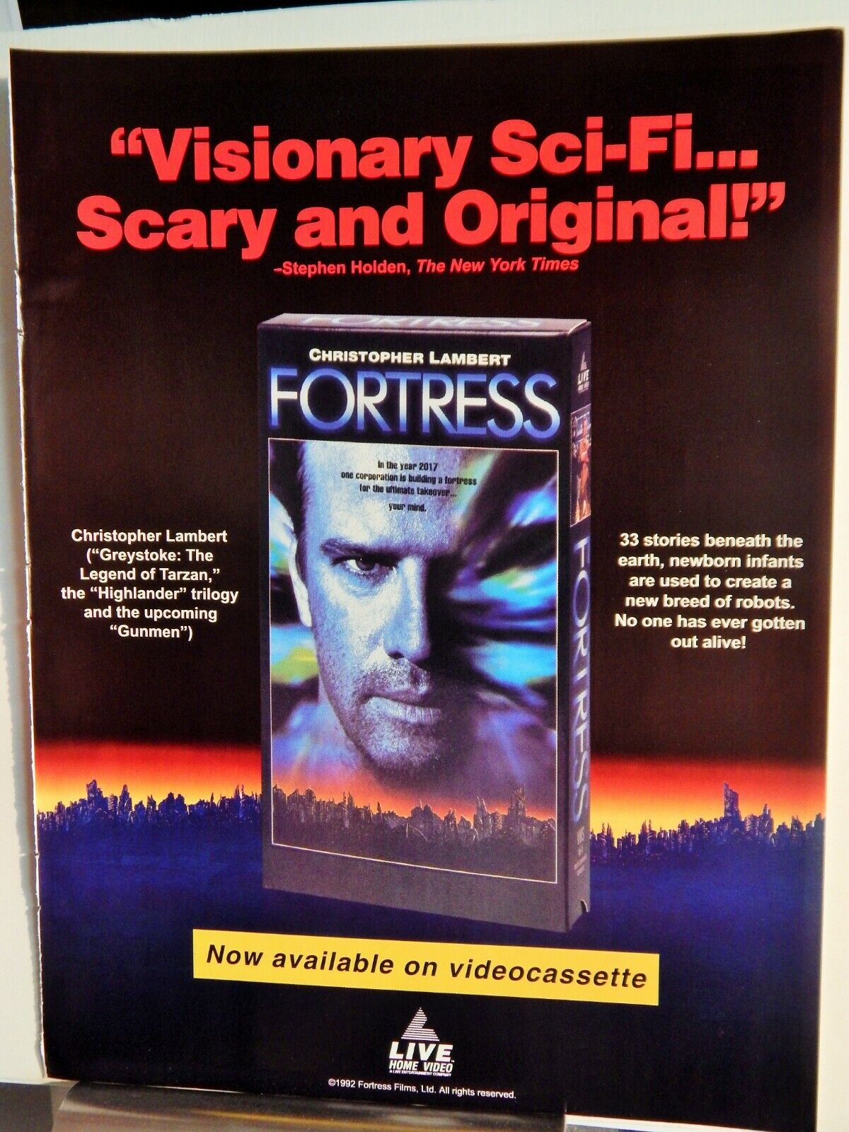 FORTRESS (CHRISTOPHER LAMBERT VIDEO) / JOHN WATERS Photo Poster painting ORIGINAL 1994 VTG AD