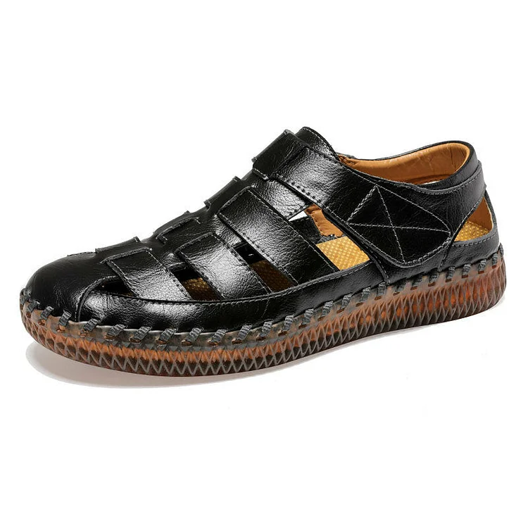 Men Closed Toe Hand Stitching Woven Outdoor Leather Dress Sandals