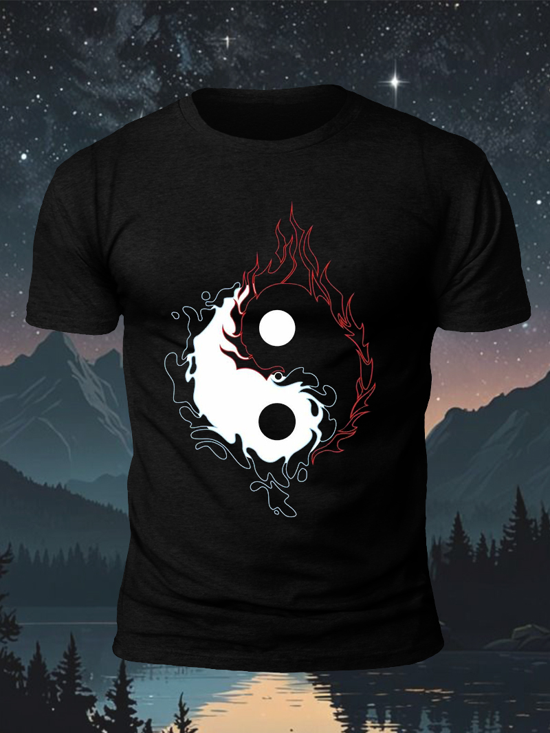 Men's Water Fire Tai-Ji Diagram Print Casual Short Sleeve T-shirt
