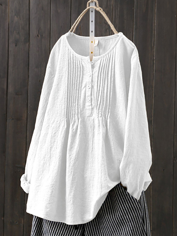 Mature Women Summer Fashion Cotton Linen Pleated Round Neck Long Sleeve Blouse Shirt Top