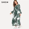 SHEIN Multicolor Tropical Print Bishop Sleeve Smock Dress Modest High Waist Round Neck Long Sleeve 2019 Spring Abaya Dresses