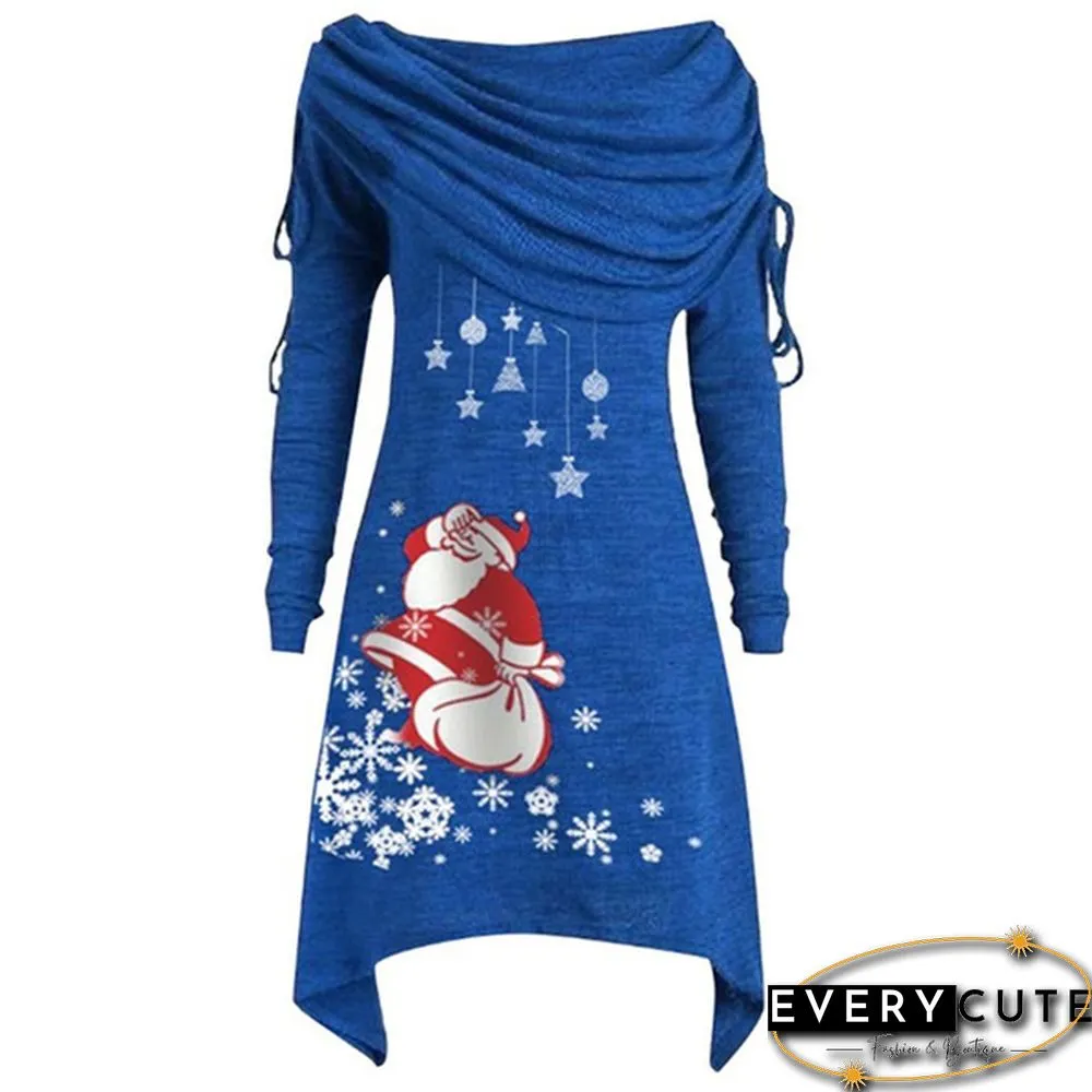 Fashion Women Christmas Dress Santa Claus Snowflake Print Foldover Collar Ruched Irregular