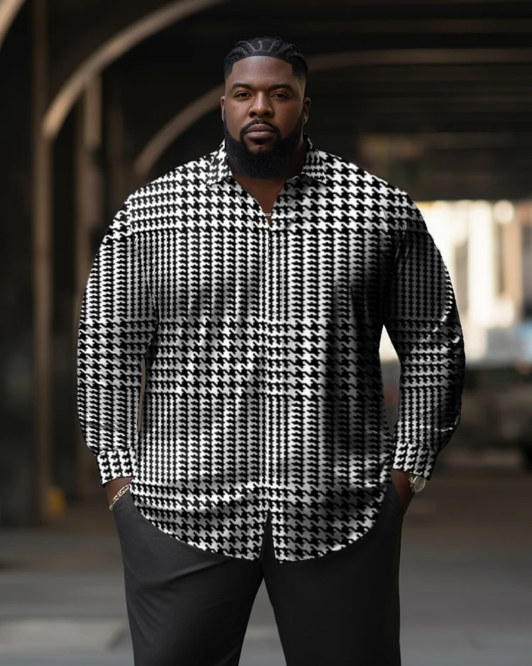 Men's Plus Size Casual Houndstooth Long Sleeve Lapel Long Sleeve Shirt