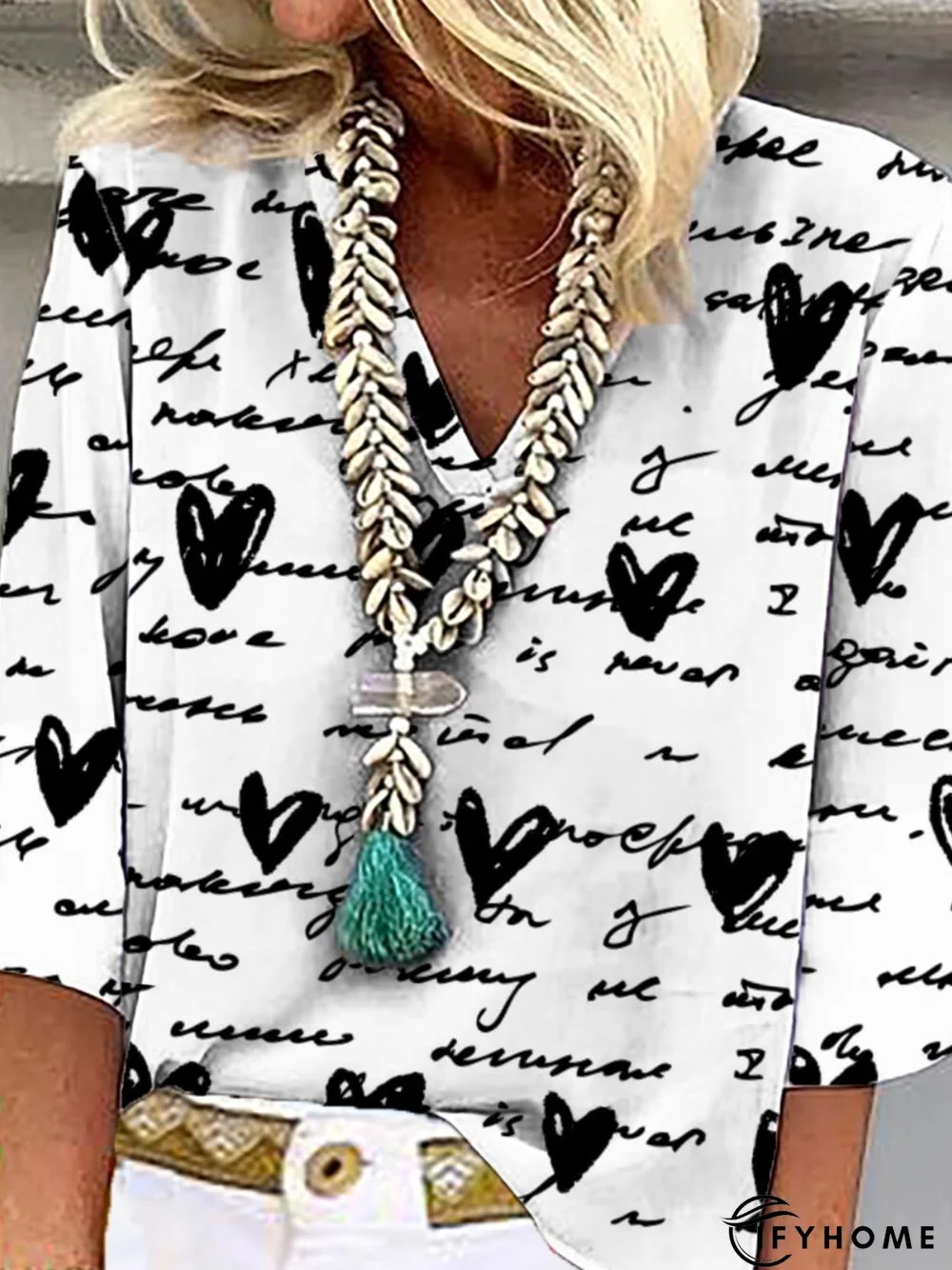 Women's Casual Text Letters Heart Three Quarter V Neck Printed Top Floral Layered Print Fall Summer Weekend Blouse Shirt | IFYHOME