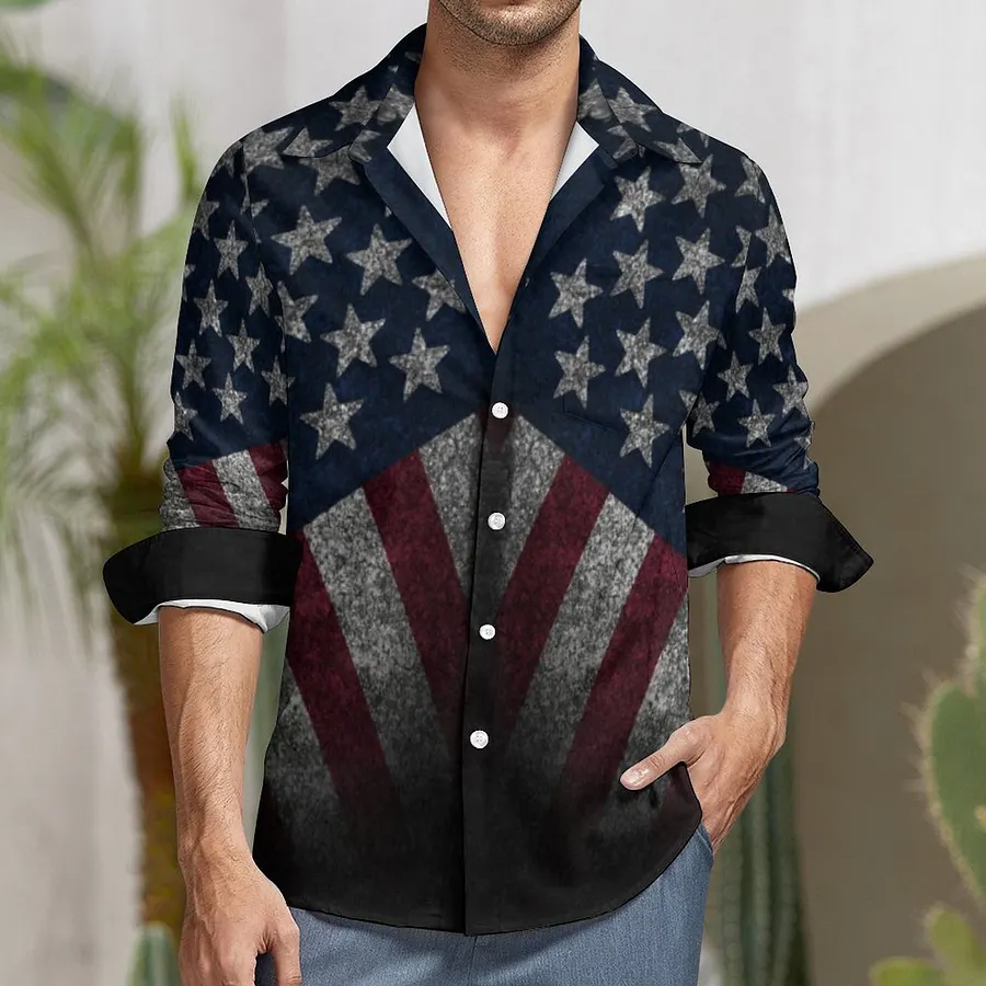 American Flag America Patriotic Old Glory Men's Casual Long Sleeve Button Down Pocket Shirt Flag-4XL