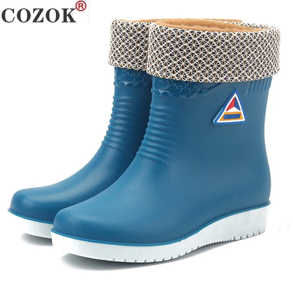 Flats Non Slip Rain Boots Women Warm Mid Tube Round Toe Snow Boots Outdoor Water Shoes  Waterproof  Rain Boots