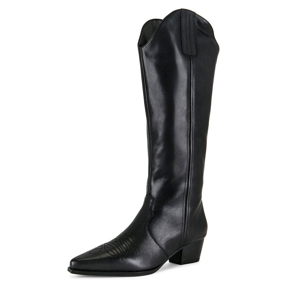 Faux Leather Embroidered Pointed Toe Mid-Calf Black Cowgirl Boots Nicepairs