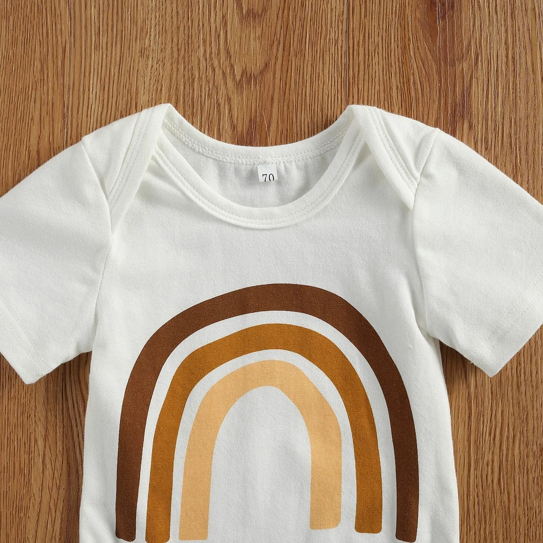 2 Pieces Kids Baby Girls Suit Set, Rainbow Print Round Collar Short Sleeve Romper+ Solid Color Shorts for Summer, White