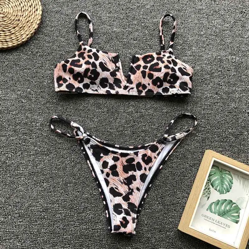 Sexy Micro String Bikini Set Women Leopard V-neck Low-waist Two Piece Swimsuit  Girl Beach Bathing Suit Swimwear Biquinis 5043
