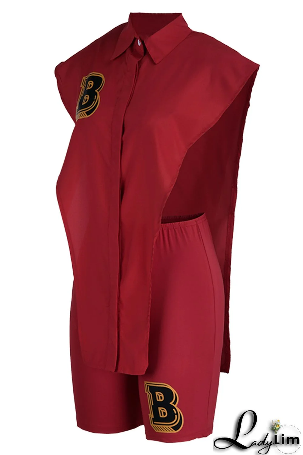 Red Fashion Casual Letter Print Asymmetrical Turndown Collar Sleeveless Two Pieces