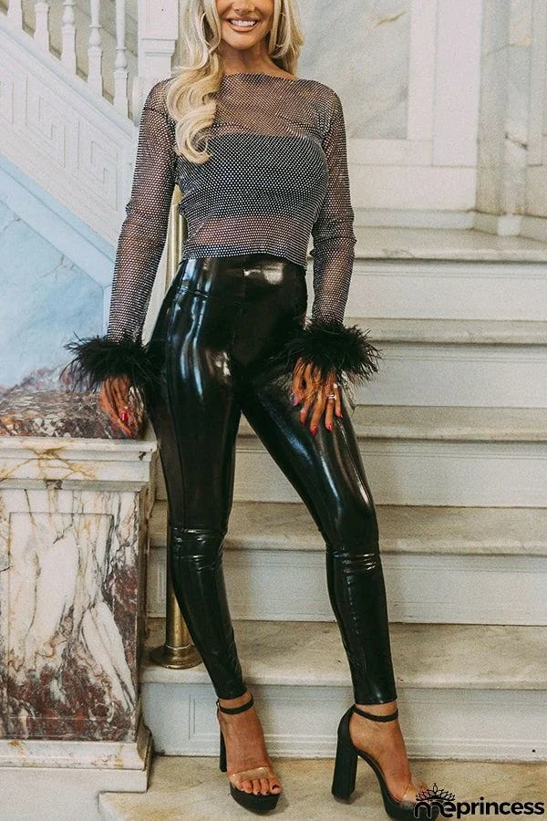 Luxe Look Rhinestone Fabric Feather Sleeve Party Crop Top