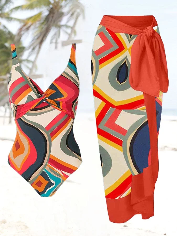 Geometric Print Swimsuit And Apron