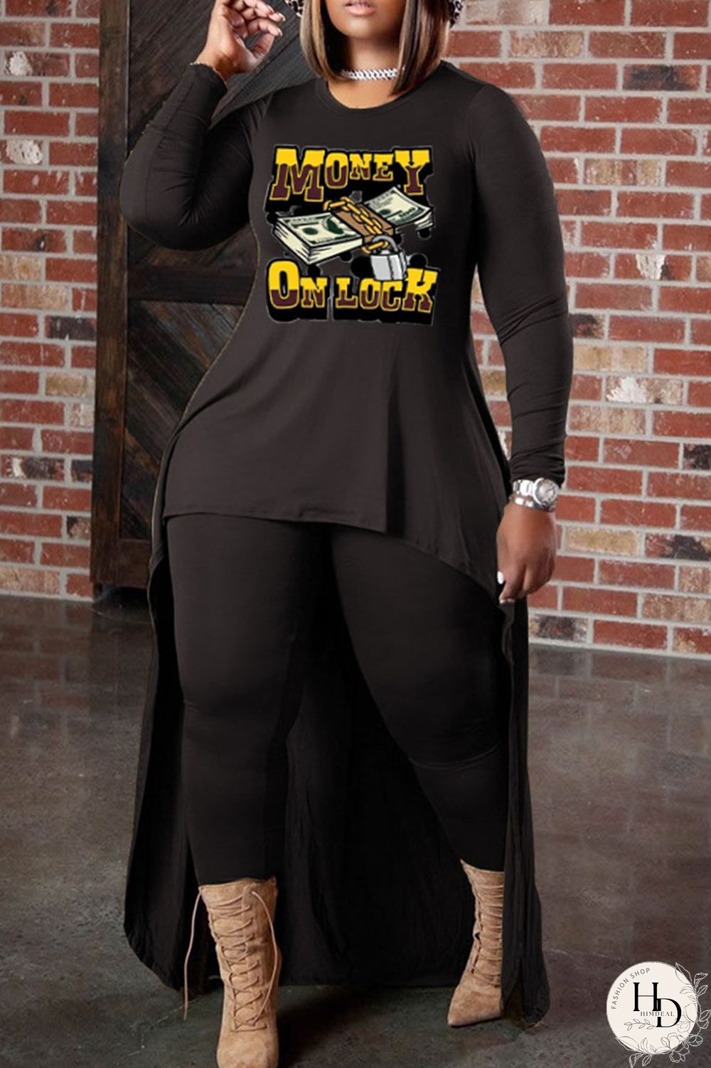 Deep Coffee Casual Print Patchwork O Neck Long Sleeve Two Pieces
