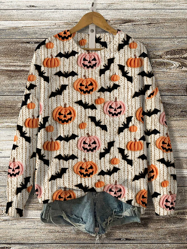 Women's Pumpkins And Bats Felt Embroidery Print Knit Sweatshirt