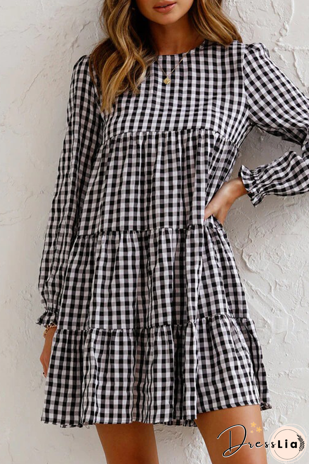 Casual Plaid Split Joint O Neck Cake Skirt Dresses