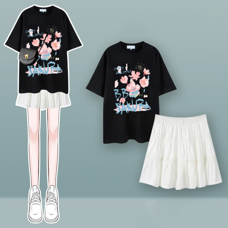 Tulip Cherry Blossom Print T-Shirt Pleated Skirt Two Pieces Set