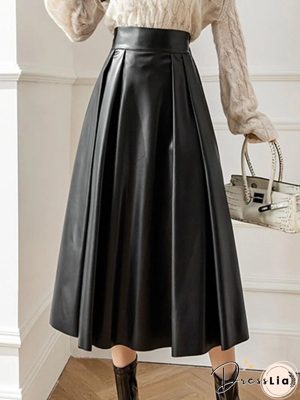 Solid High Waist PU Leather A-line Skirt