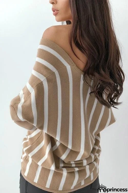 Button Stripe V Neck T Shirt