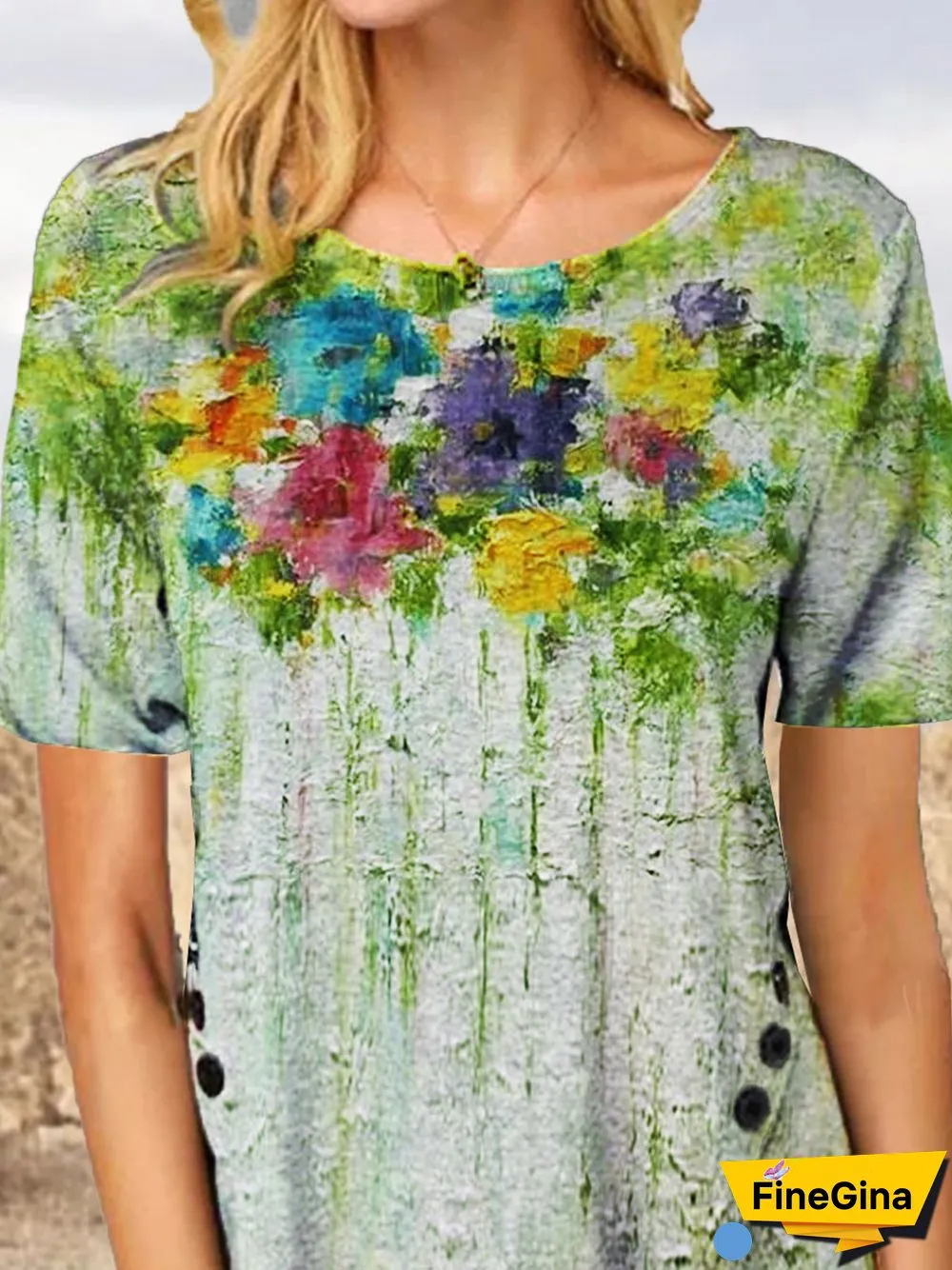 Floral Cotton-Blend Casual Short Sleeve Floral-Print T-shirt