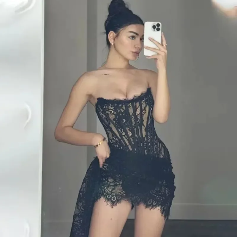 Women's Sexy Solid Color Sheer Patchwork High Waist Lace Elegant Printed Strapless Slim Evening Mini Dress