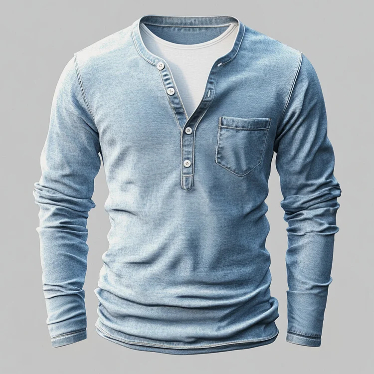 Men's Patchwork Half Button Chest Pocket Long Sleeve Denim Shirt