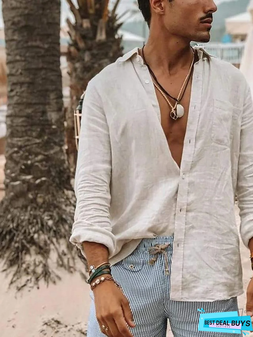 Men's Tee Shirt Solid Color Long Sleeve Daily Tops Cotton Simple Solid Color Casual / Daily Button Down Collar Green White / Beach Linen
