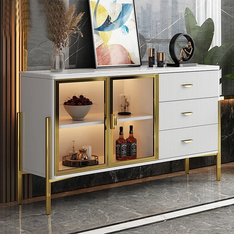 Homemys Modern White Sideboard Stone Top Luxury Buffet Tempered Glass Doors Bar Wine Cabinet