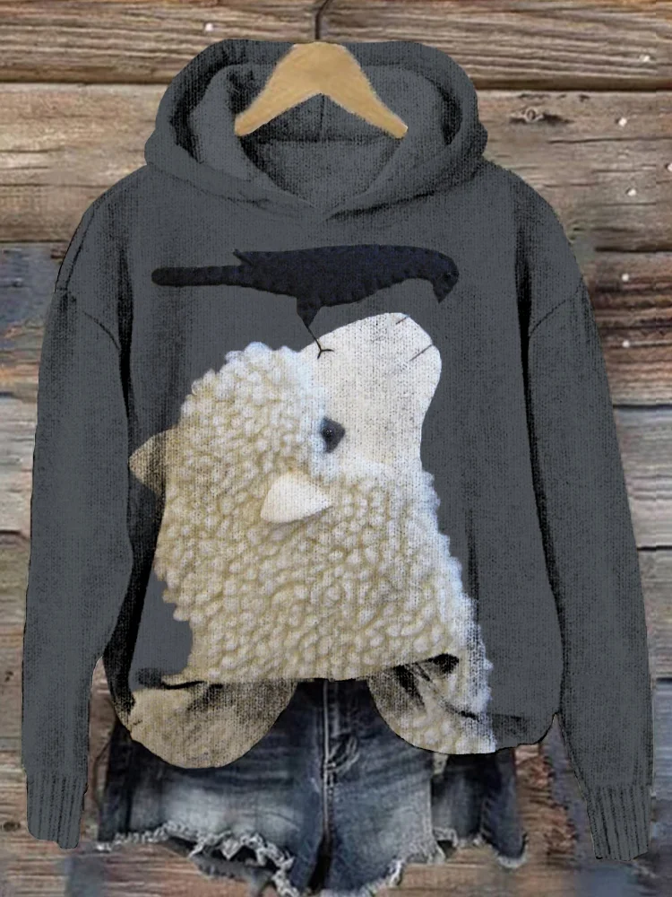 Wearshes Sheep and Crow Looking at Each Other Pattern Cozy Knit Hoodie