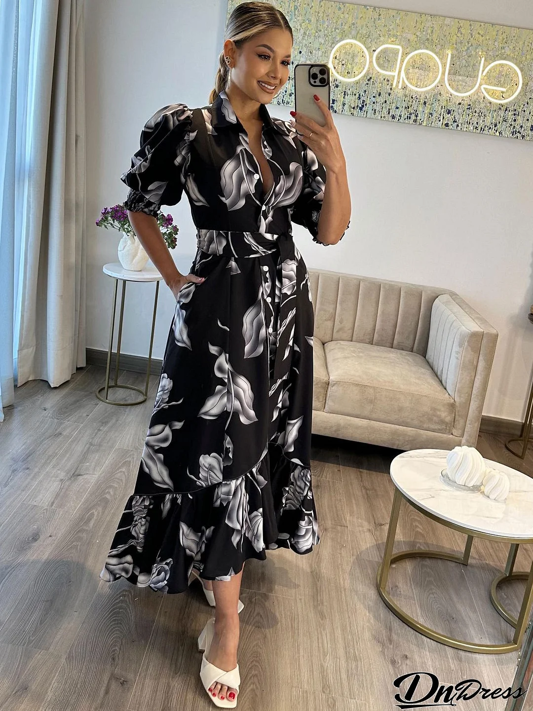 Chic Printed Puff Sleeve Ruffle Casual Women's Long Dress
