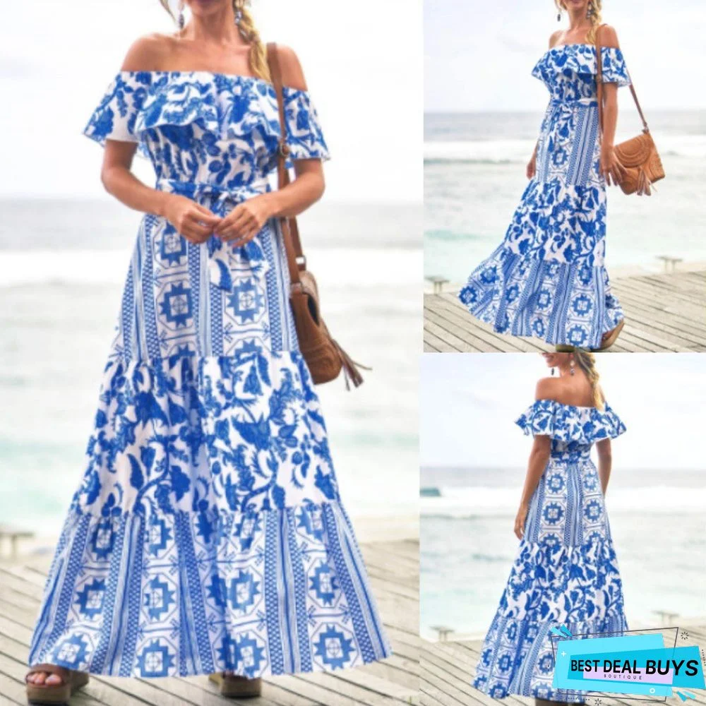 Printed Dress with One-Line Collar and High Waist For Women