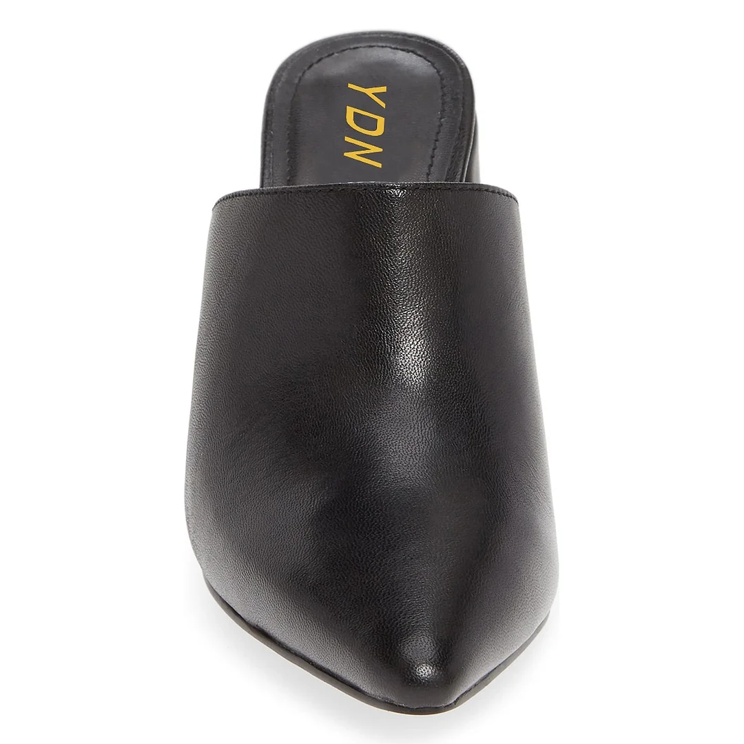 Women's Black Pointed Toe Casual Slip On Block Heeled Mules