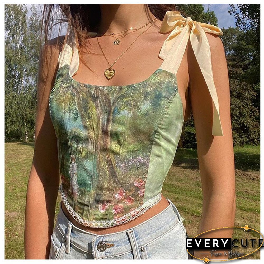 Y2K Vintage Aesthetic Printed Lace Up Camisole Women Bow Bandage Hollow Tank Top Skinny Party Streetwear Summer Trend
