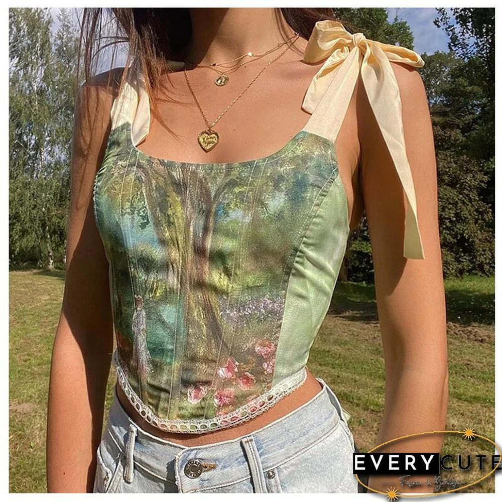 Y2K Vintage Aesthetic Printed Lace Up Camisole Women Bow Bandage Hollow Tank Top Skinny Party Streetwear Summer Trend