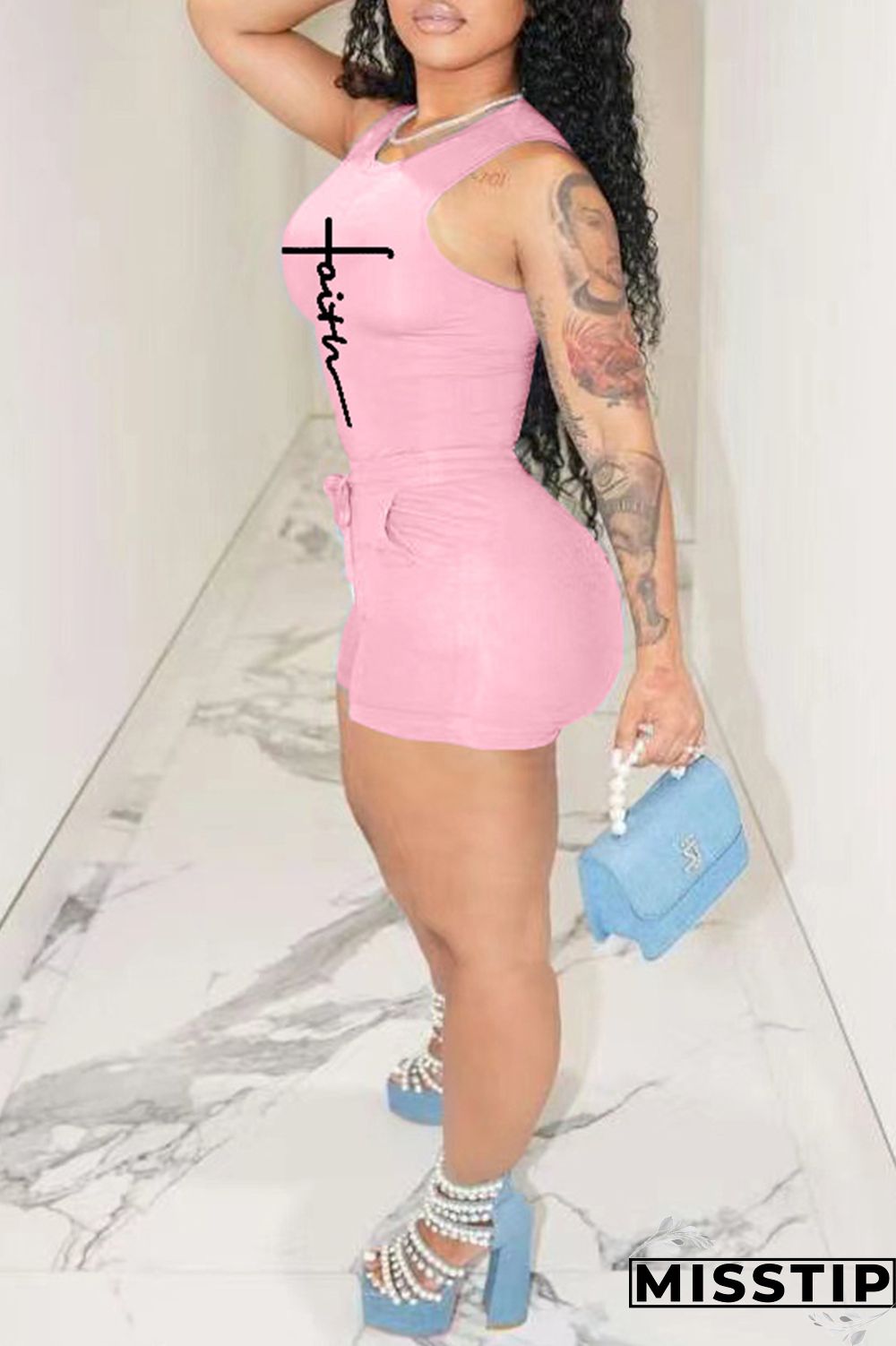 Blue Fashion Casual Sportswear Print Basic O Neck Sleeveless Two Pieces