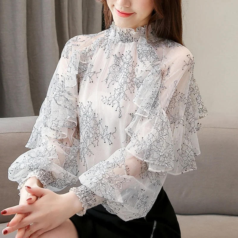 2021 Fashion Womens Tops and Blouses See Through Lace Shirts Women Wild Ruffled Chiffon Women's Blouse Vintage Top Female 2551