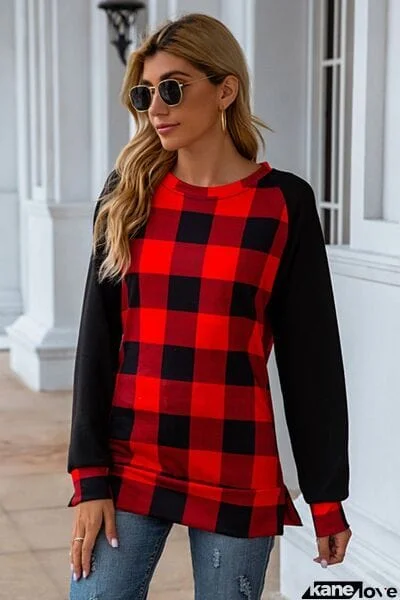 Plaid Round Neck Long Sleeve T-Shirt