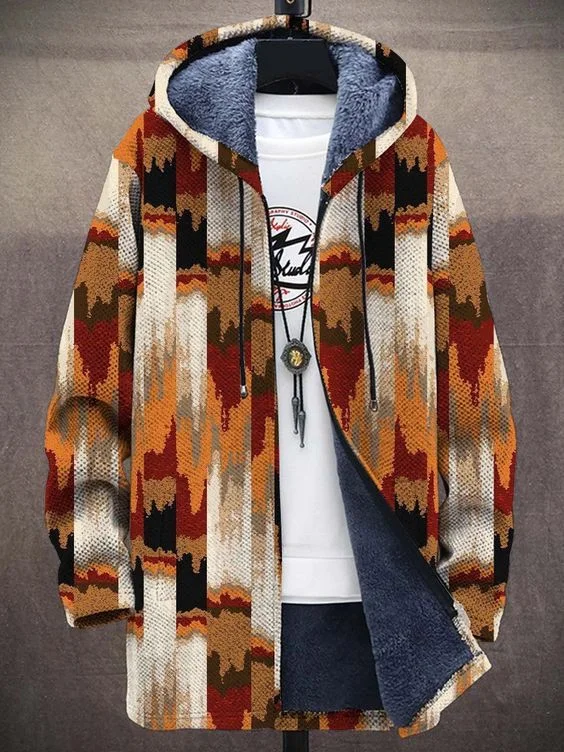 Men's Traditional Geometric Pattern Fleece Lined Hooded Trench Coat