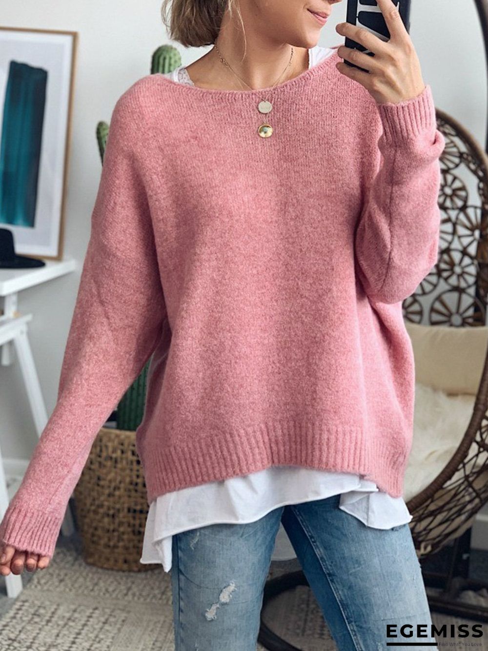 Blue Casual Cotton-Blend Crew Neck Sweater | EGEMISS