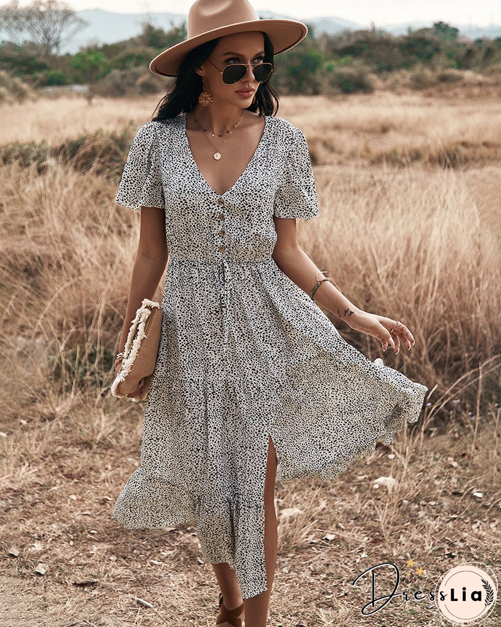 Polka Dot V Neck Side Split Button Up Midi Dress