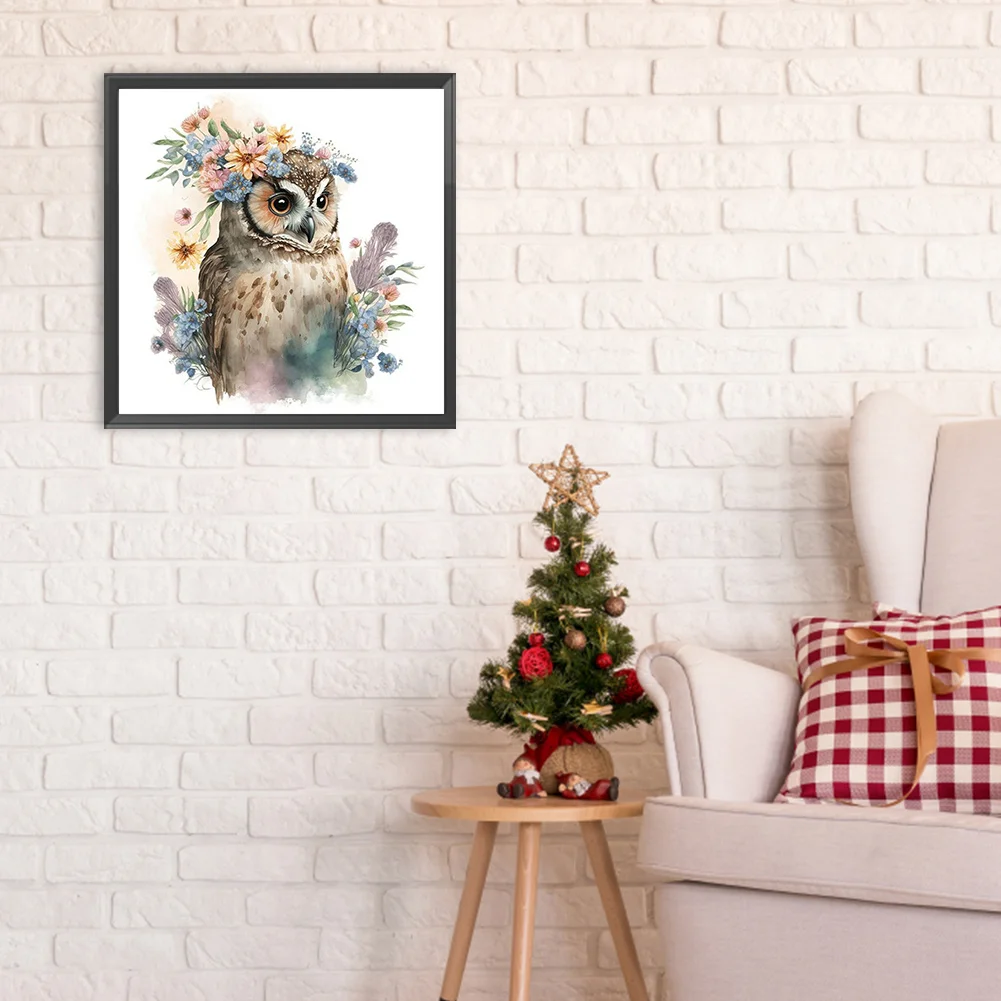 Full Round Diamond Painting 30*30cm - Owl And Flowers