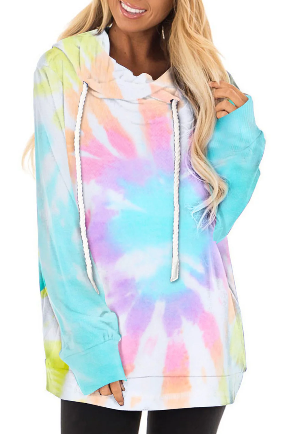 Sky Blue Spiral Tie-dye Print Drawstring Hoodie | IFYHOME