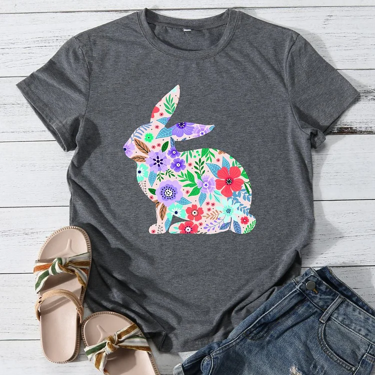 Flowers and rabbit Round Neck T-shirt-0025908