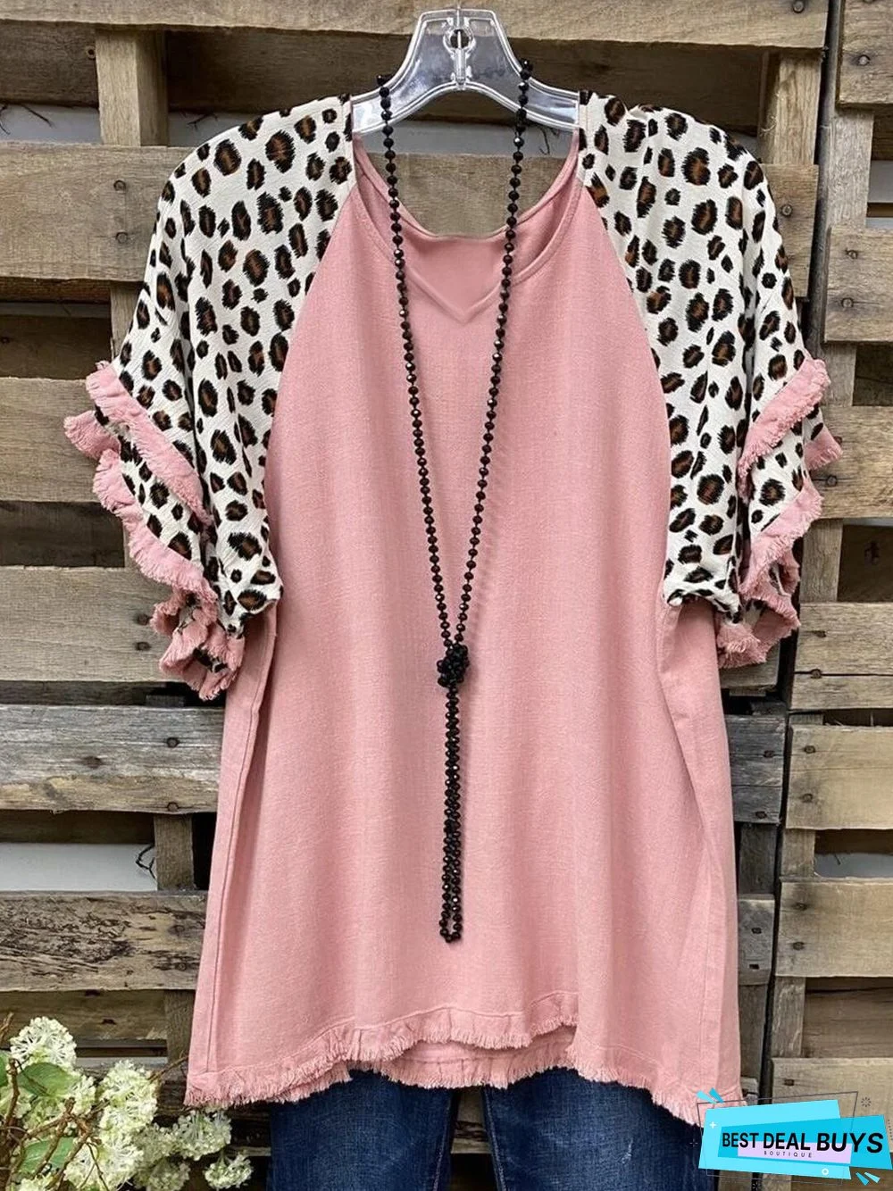 Leopard  Short Sleeve  Printed  Cotton-blend  V neck  Casual  Summer  Pink Top