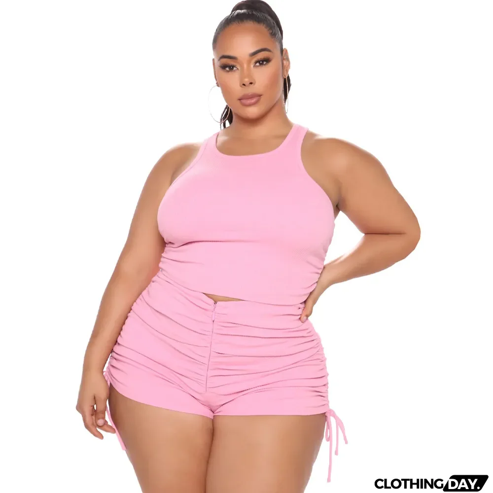 Plus Size Women's Tank Top Pleated Casual Shorts Two Piece Set
