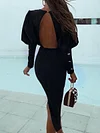 Round-Neck  Long Sleeve Backless Split-Back Midi Dress