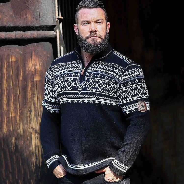 Vintage Viking Totem Knit Jacquard Half Zip Collar Sweater