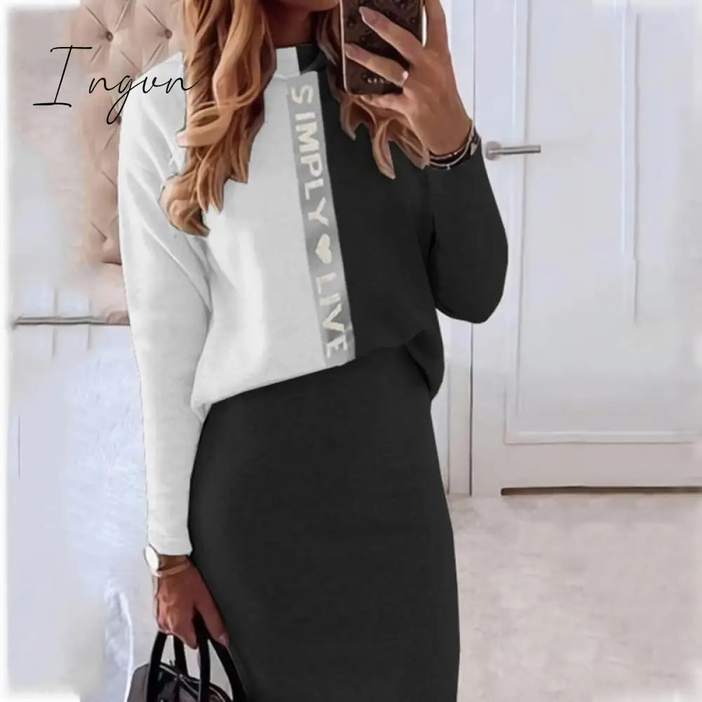 Ingvn - Casual Women 2 - Piece Suit Autumn Winter Half High Neck Fashion Top + Pencil Skirt Outfit